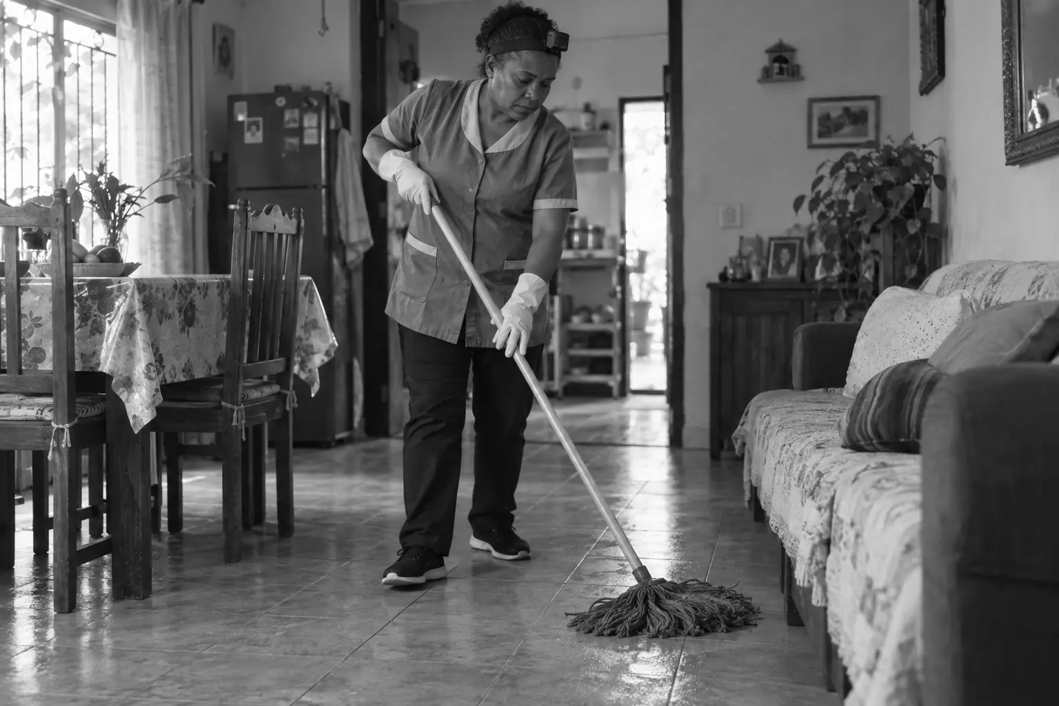 Professional cleaner mopping a real home while wearing a head-mounted camera